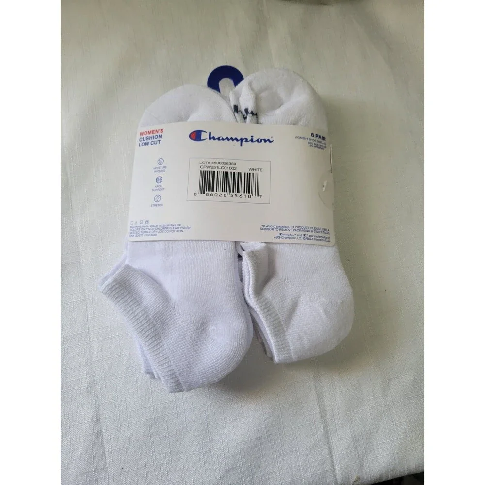 CHAMPION SOCKS WOMEN'S - LOW CUT  WHITE  - SHOE SZ 4-10 PACK 6